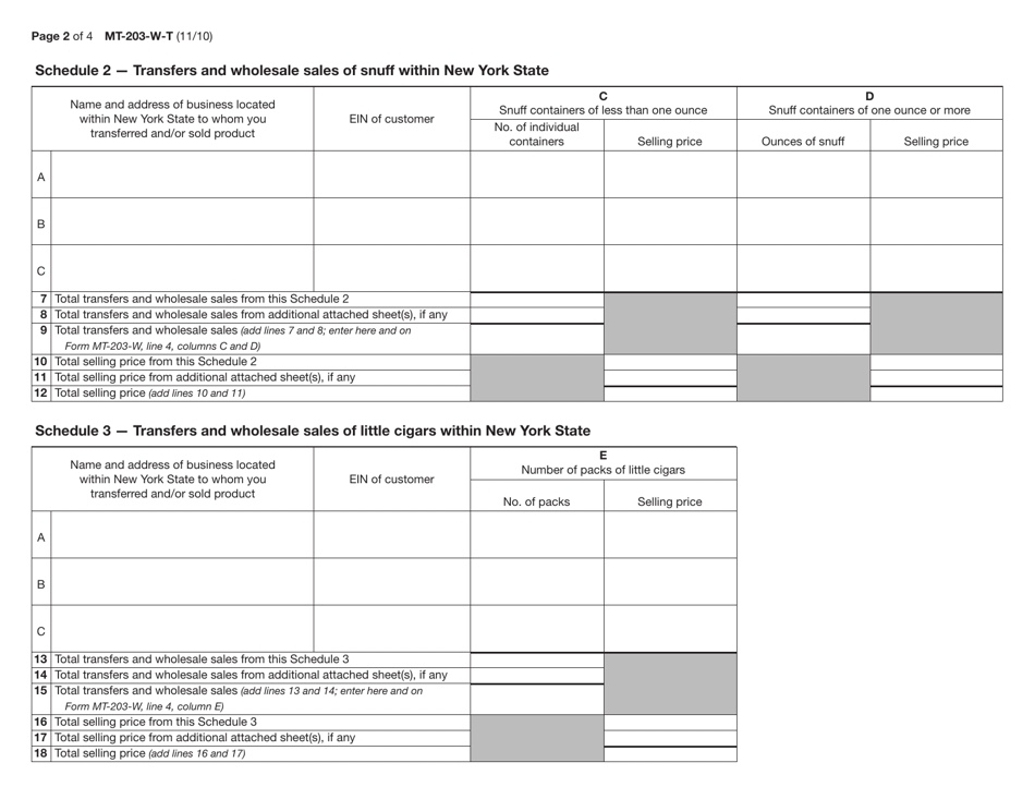 Form MT-203-W-T Transfers and Wholesale Sales of Tobacco Products - New York, Page 2