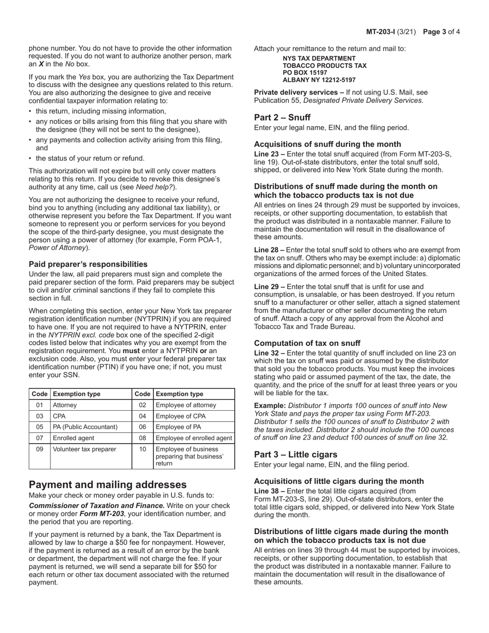 Instructions for Form MT-203, MT-203-S Distributor of Tobacco Products Information Schedules - New York, Page 3