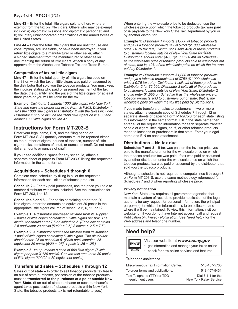 Instructions for Form MT-203, MT-203-S Distributor of Tobacco Products Information Schedules - New York, Page 4