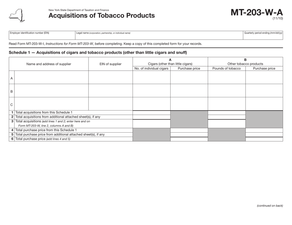 Form MT-203-W-A Acquisitions of Tobacco Products - New York, Page 1