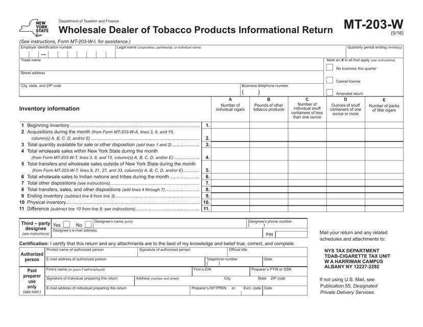 Form MT-203-W Wholesale Dealer of Tobacco Products Informational Return - New York