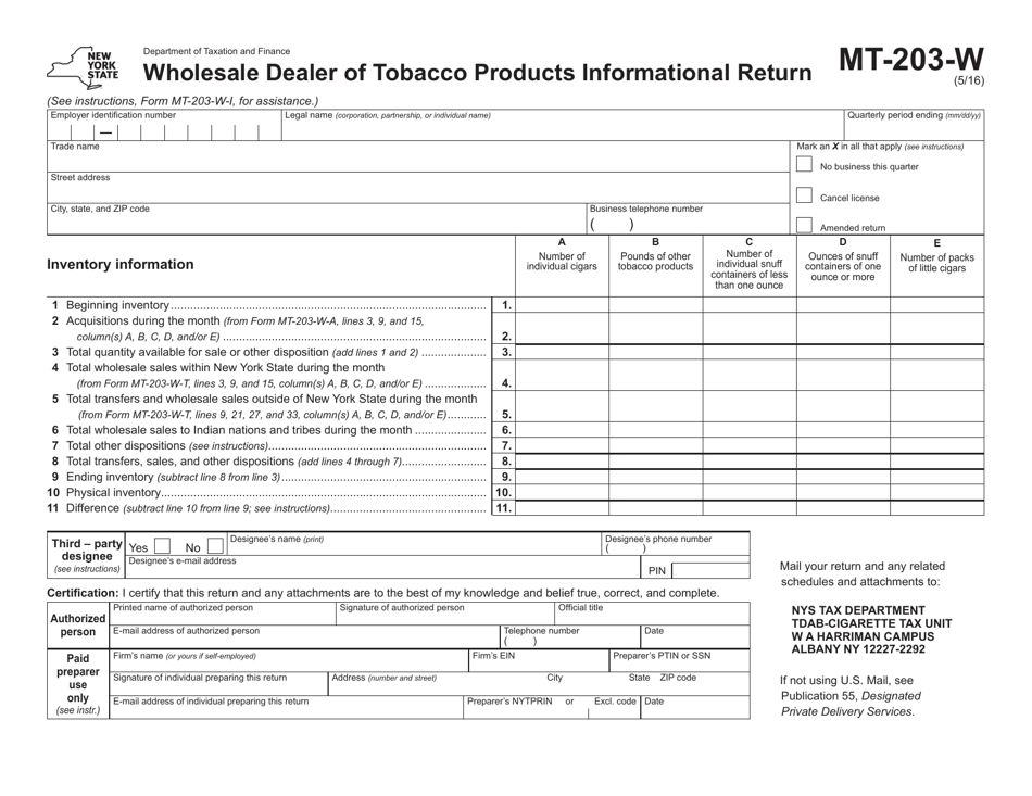 Form MT-203-W Wholesale Dealer of Tobacco Products Informational Return - New York, Page 1