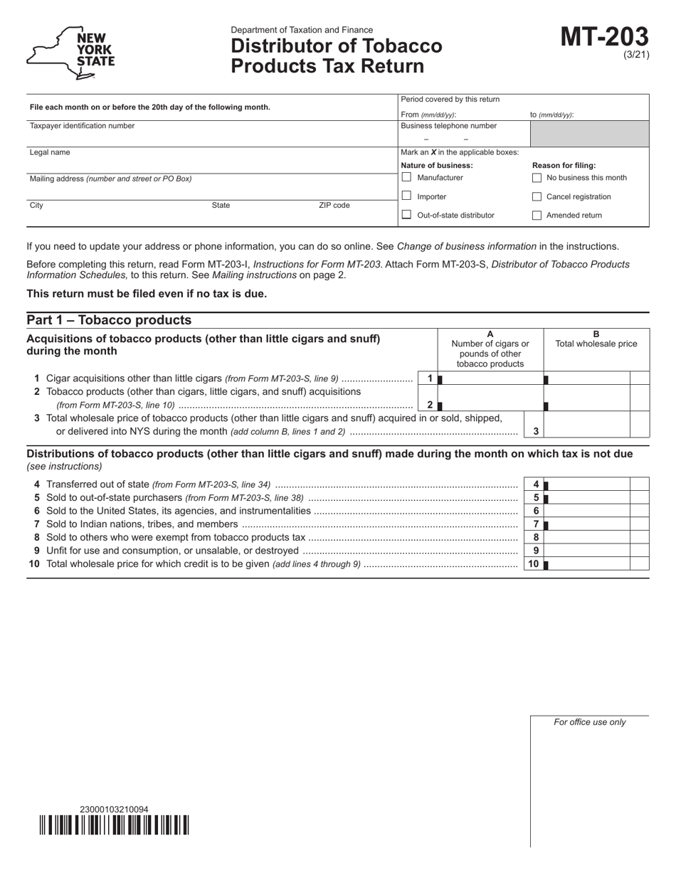 Form MT-203 Distributor of Tobacco Products Tax Return - New York, Page 1