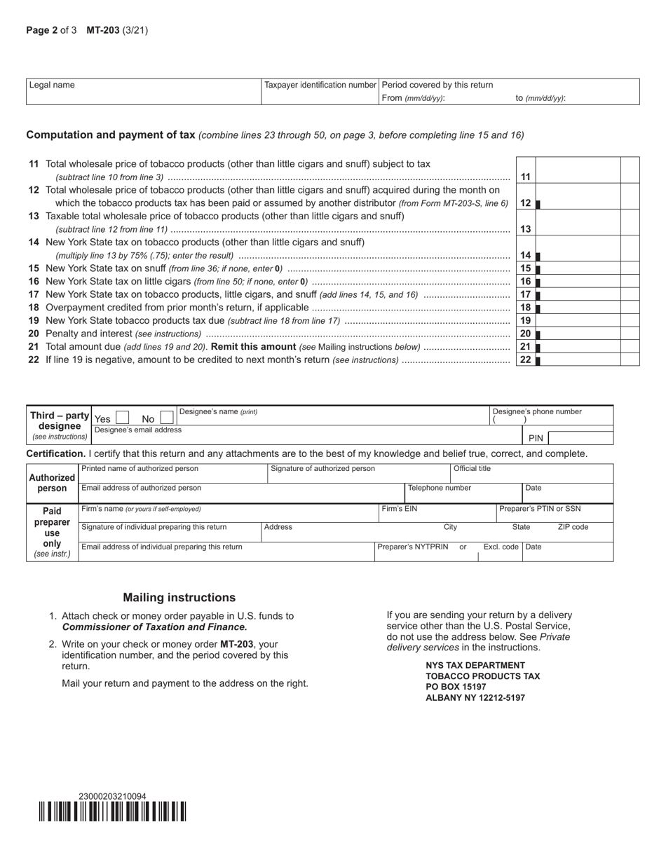 Form MT-203 Distributor of Tobacco Products Tax Return - New York, Page 2