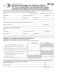 Form MT-39 Alcoholic Beverages Tax Clearance Return for Tax on Importation of Alcoholic Beverages Into New York State for Personal Consumption - New York