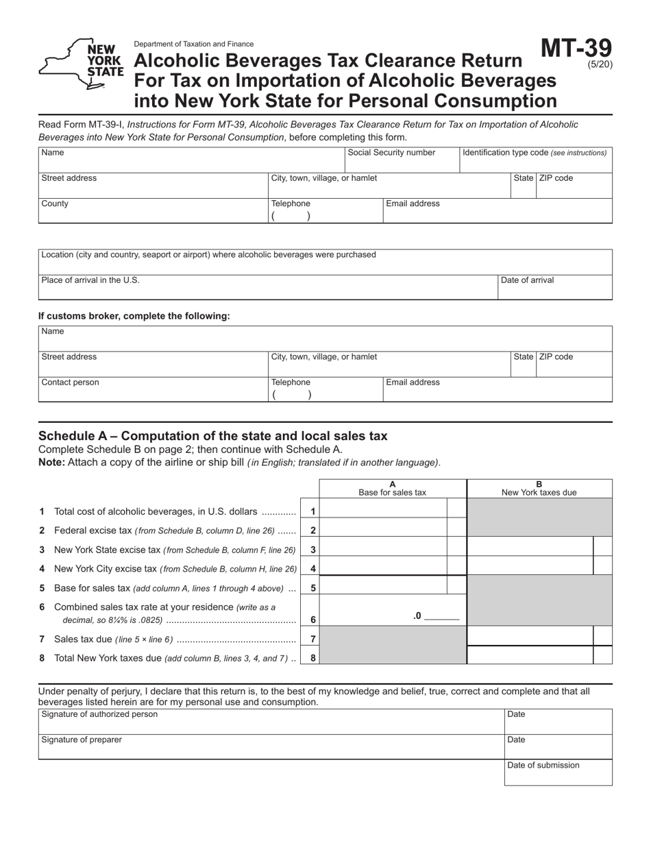 Form MT-39 Alcoholic Beverages Tax Clearance Return for Tax on Importation of Alcoholic Beverages Into New York State for Personal Consumption - New York, Page 1