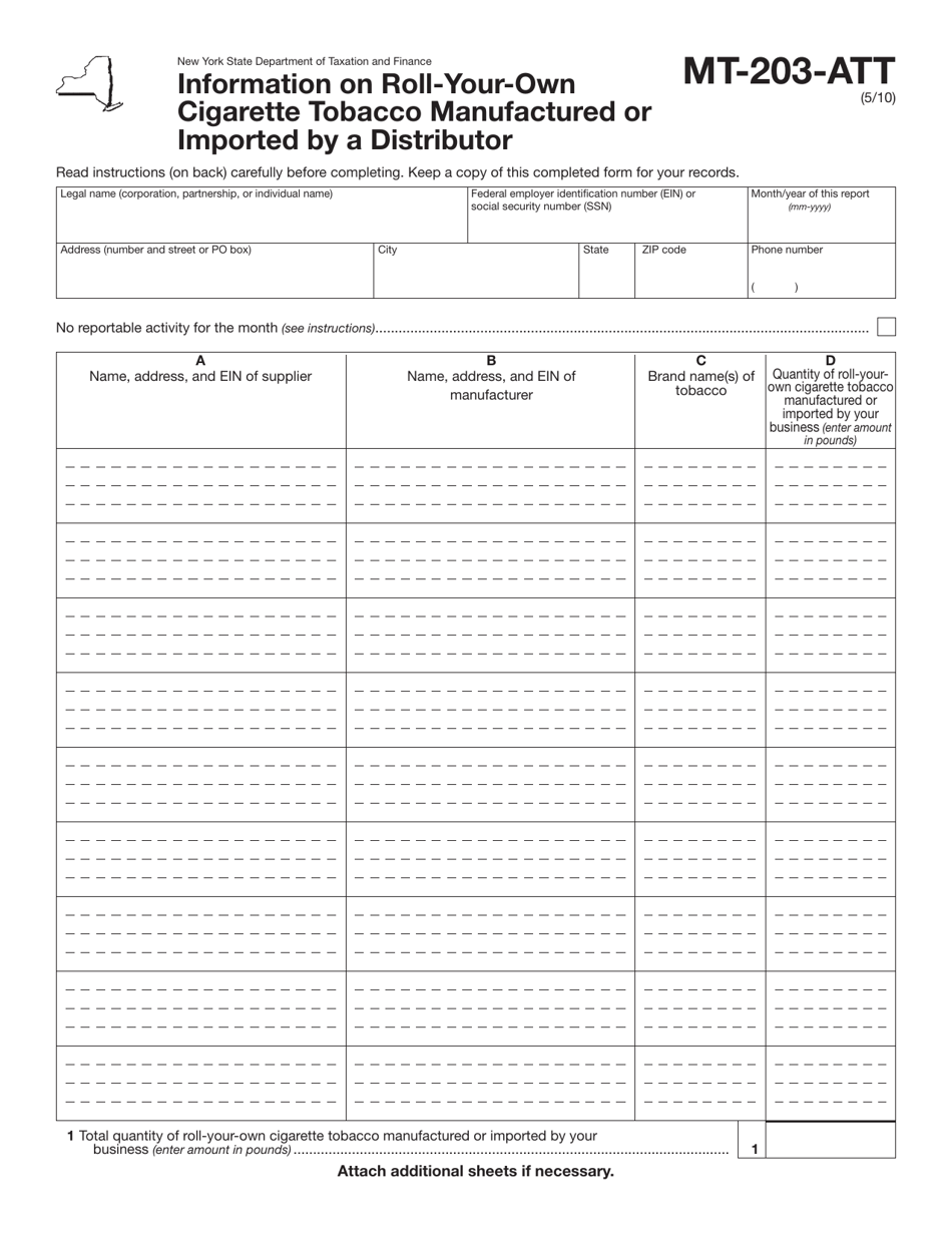 Form MT-203-ATT Information on Roll-Your-Own Cigarette Tobacco Manufactured or Imported by a Distributor - New York, Page 1