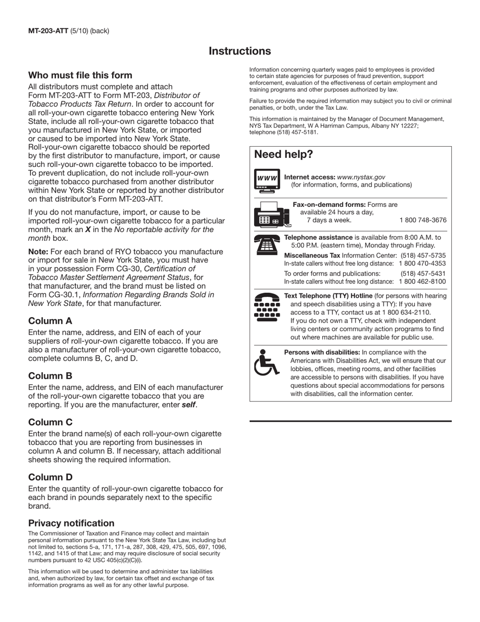 Form MT-203-ATT Information on Roll-Your-Own Cigarette Tobacco Manufactured or Imported by a Distributor - New York, Page 2