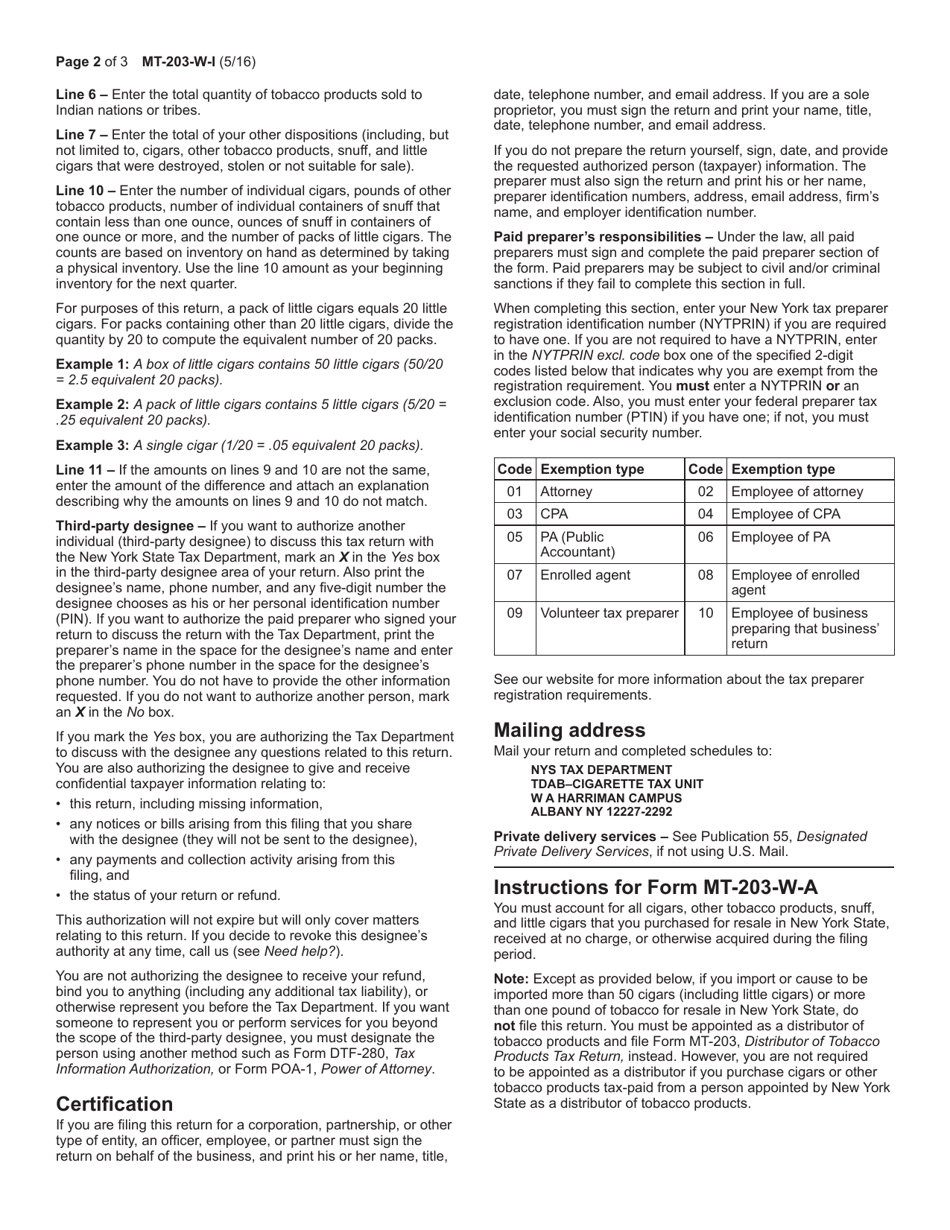 Instructions for Form MT-203-W, MT-203-W-A, MT-203-W-T - New York, Page 2