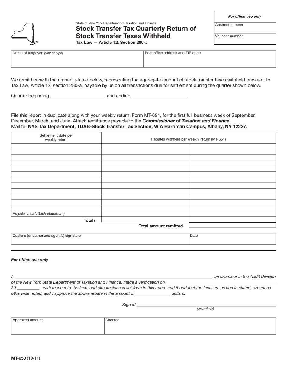 Form MT-650 Stock Transfer Tax Quarterly Return of Stock Transfer Taxes Withheld - New York, Page 1