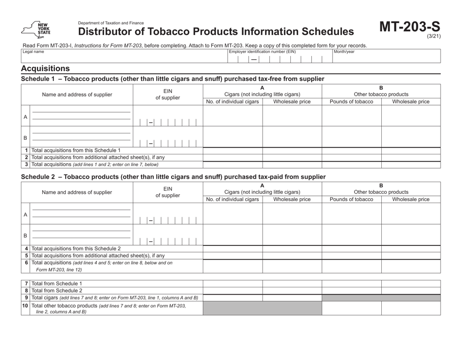 Form MT-203-S Distributor of Tobacco Products Information Schedules - New York, Page 1