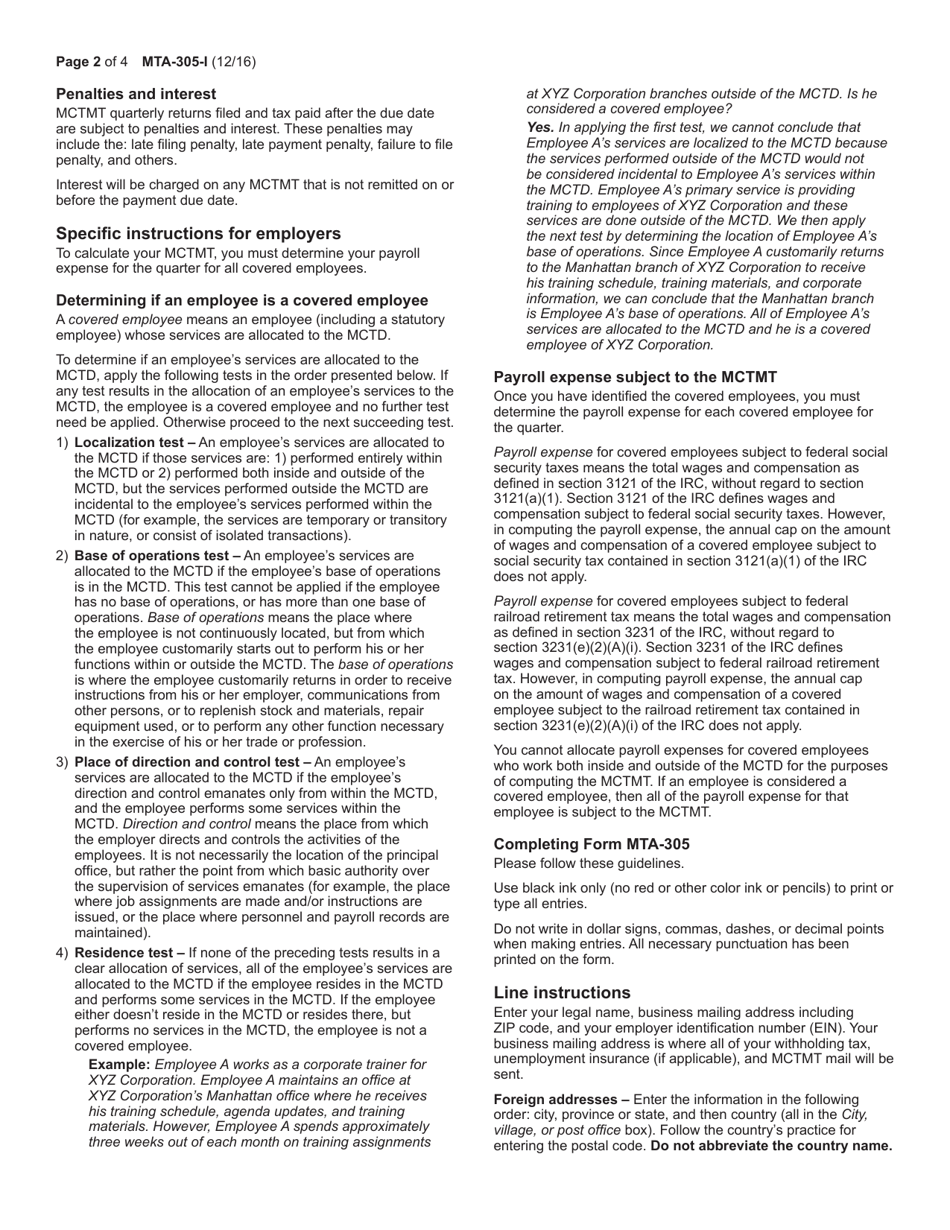 Instructions for Form MTA-305 Employers Quarterly Metropolitan Commuter Transportation Mobility Tax Return - New York, Page 2