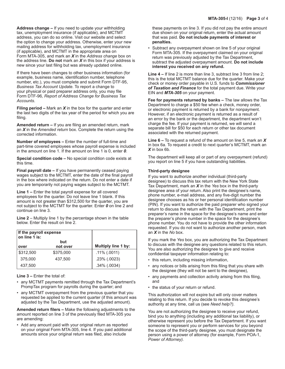 Instructions for Form MTA-305 Employers Quarterly Metropolitan Commuter Transportation Mobility Tax Return - New York, Page 3