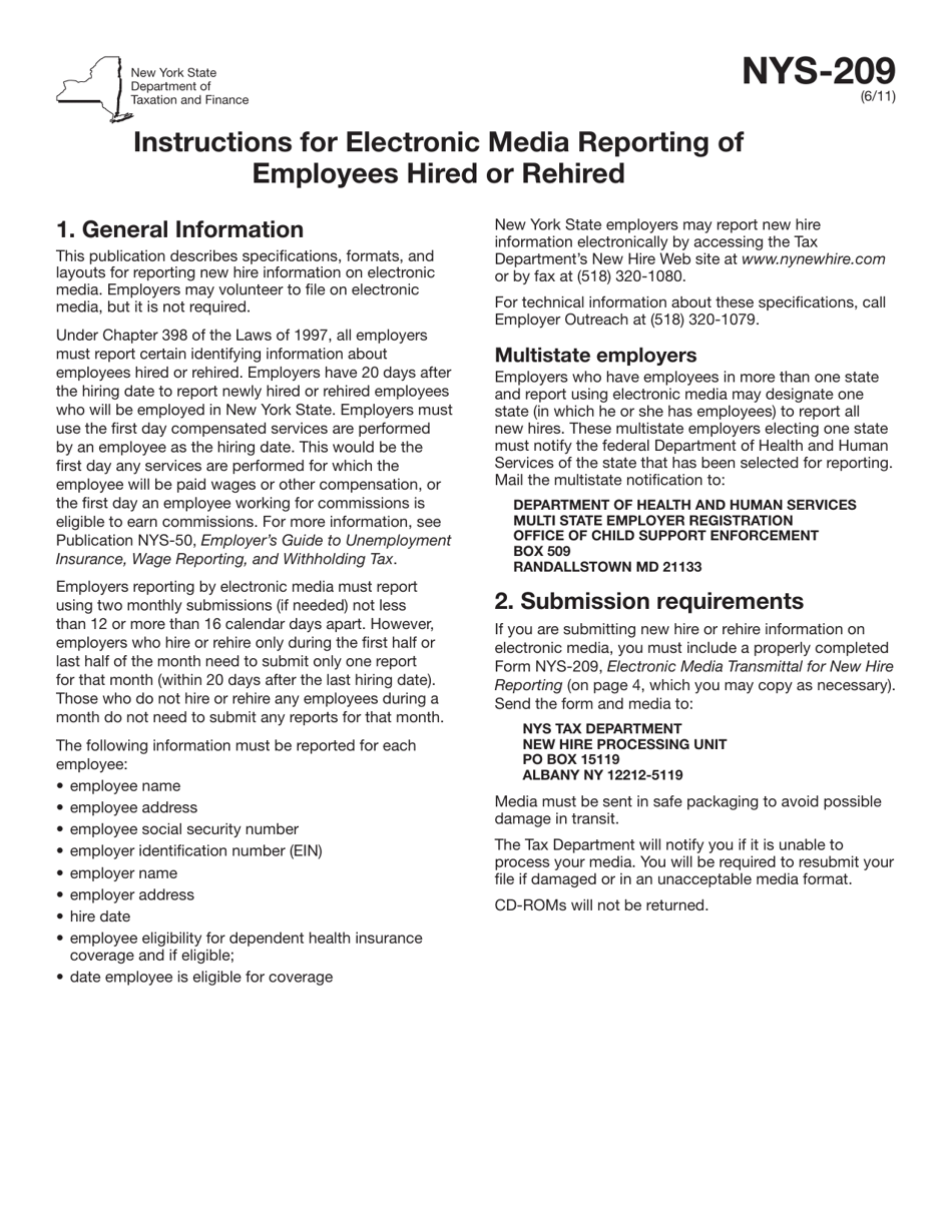 Form NYS-209 Electronic Media Transmittal for New Hire Reporting - New York, Page 1