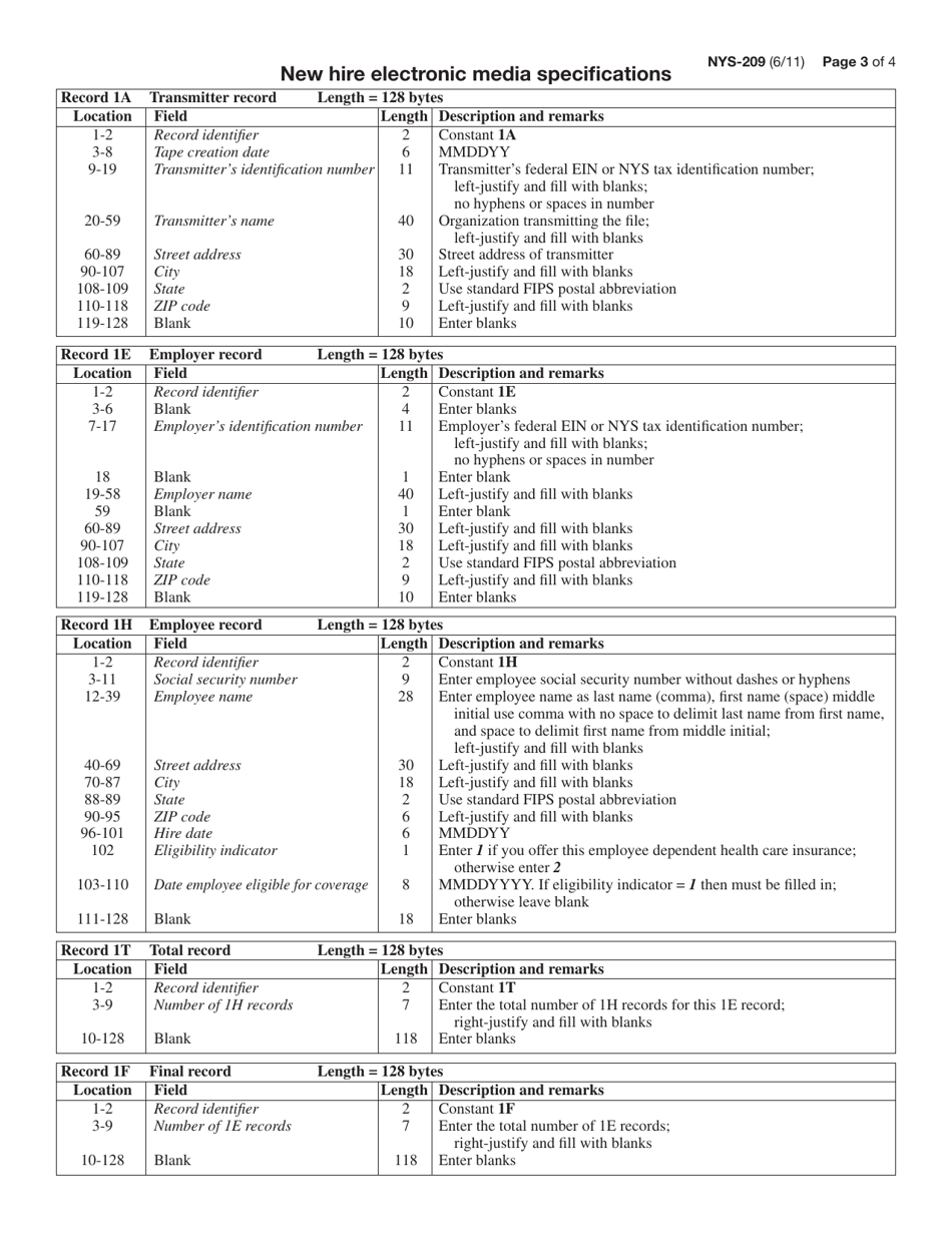 Form NYS-209 Electronic Media Transmittal for New Hire Reporting - New York, Page 3