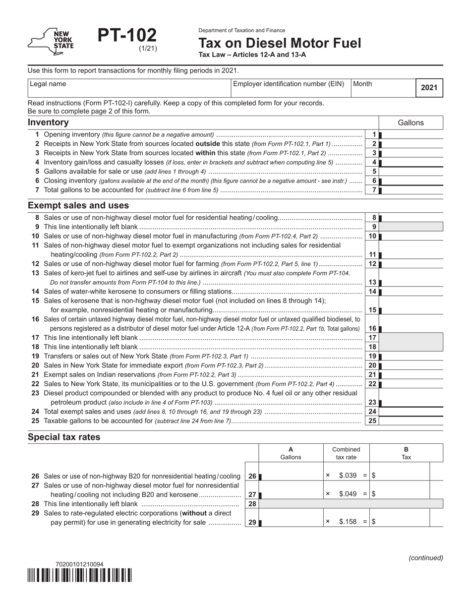 Form PT-102 Tax on Diesel Motor Fuel - New York, Page 1