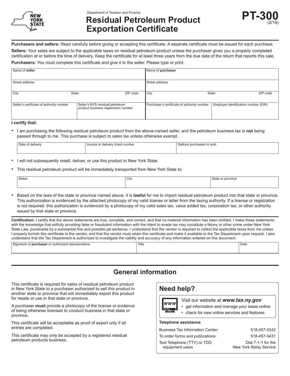 Form PT-300 Residual Petroleum Product Exportation Certificate - New York, Page 1