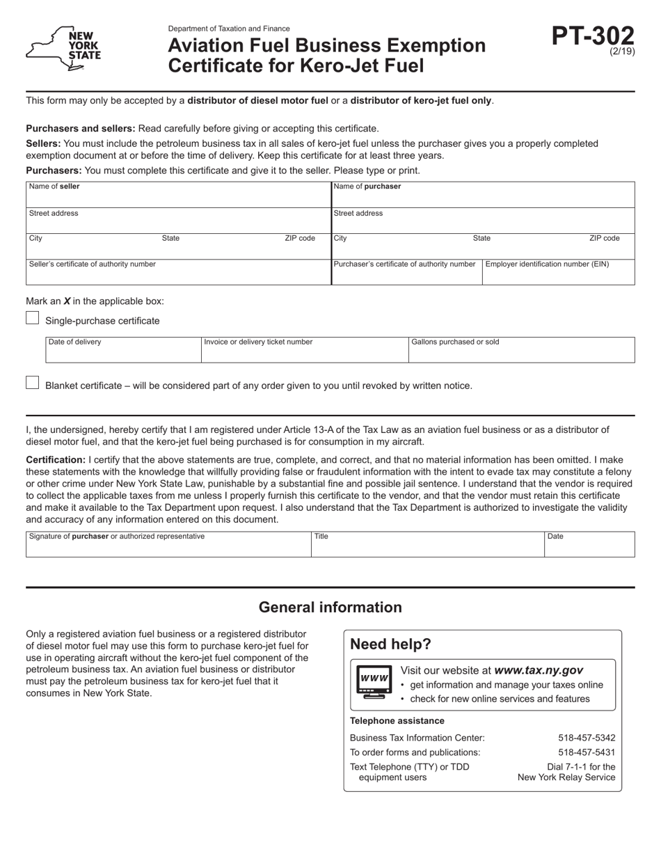 Form PT-302 Aviation Fuel Business Exemption Certificate for Kero-Jet Fuel - New York, Page 1