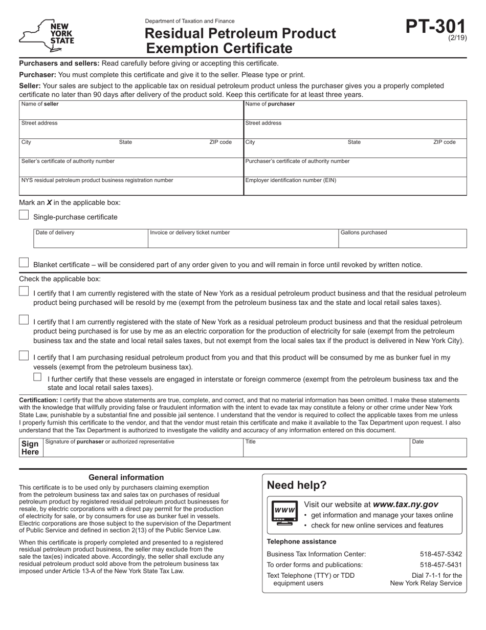 Form PT-301 Residual Petroleum Product Exemption Certificate - New York, Page 1