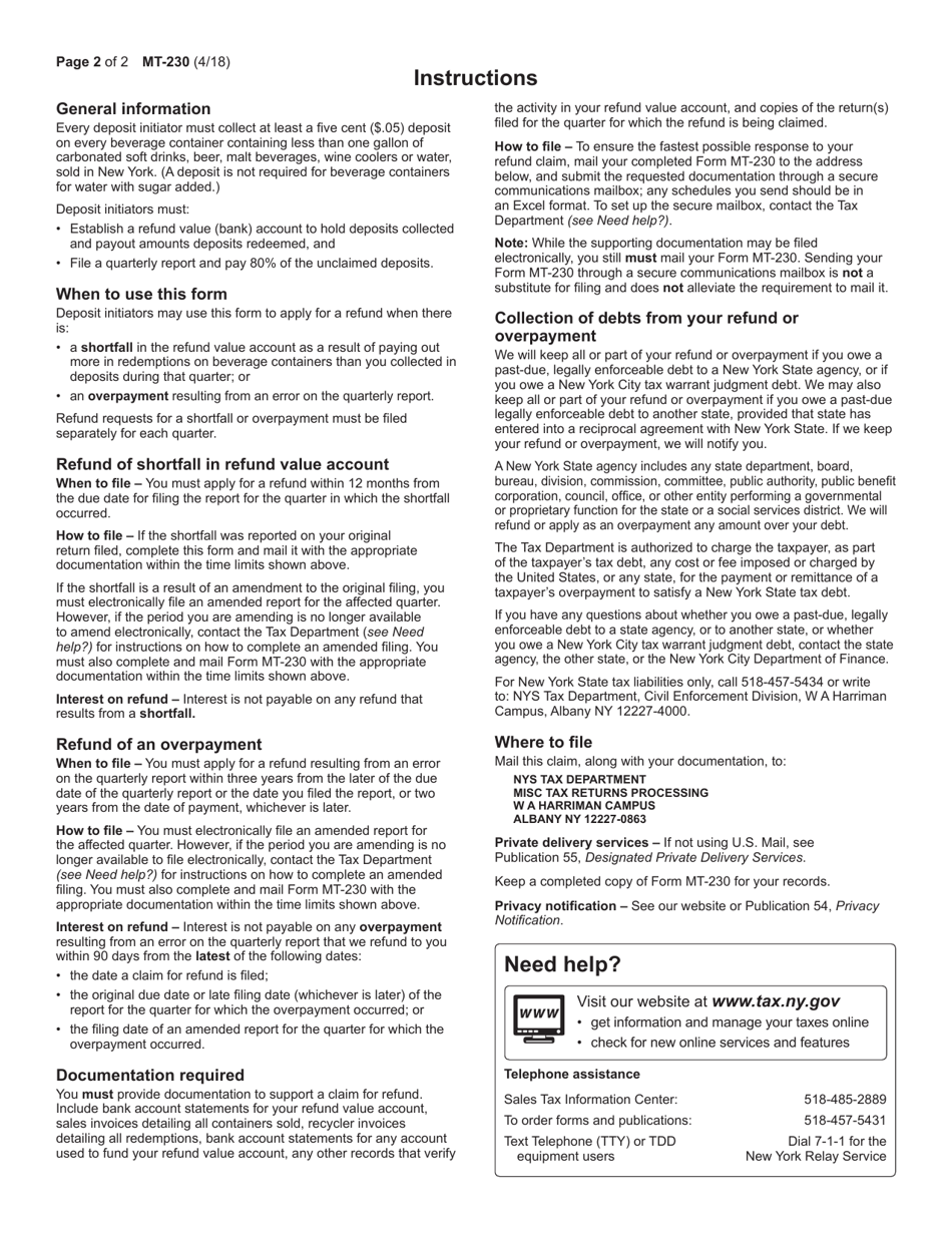 Form MT-230 Claim for Refund of Beverage Container Deposits - New York, Page 2