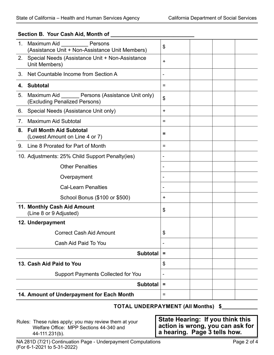 Form NA281D Notice of Action (Continued) Underpayment Amount Owed (For Underpayments Occurring Between 6-1-2021 and 5-31-2022) - California, Page 2