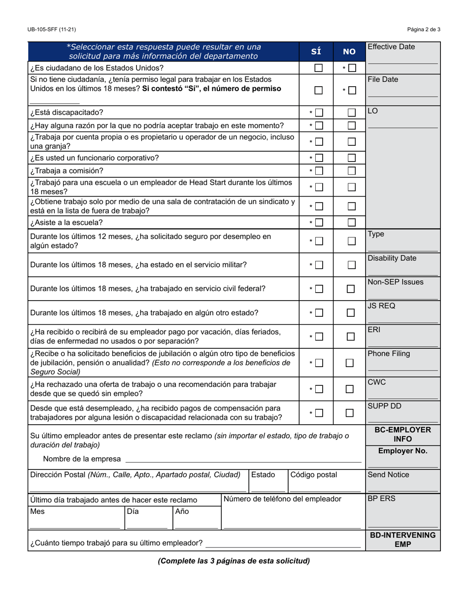 Formulario UB-105-S Reclamo Inicial Para Seguro Por Desempleo En Arizona - Arizona (Spanish), Page 2