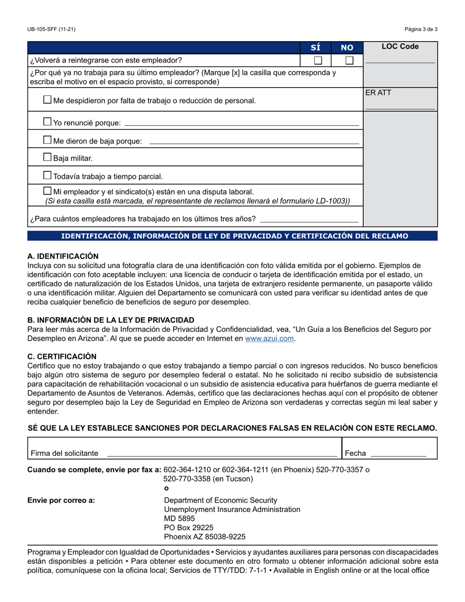 Formulario UB-105-S Reclamo Inicial Para Seguro Por Desempleo En Arizona - Arizona (Spanish), Page 3