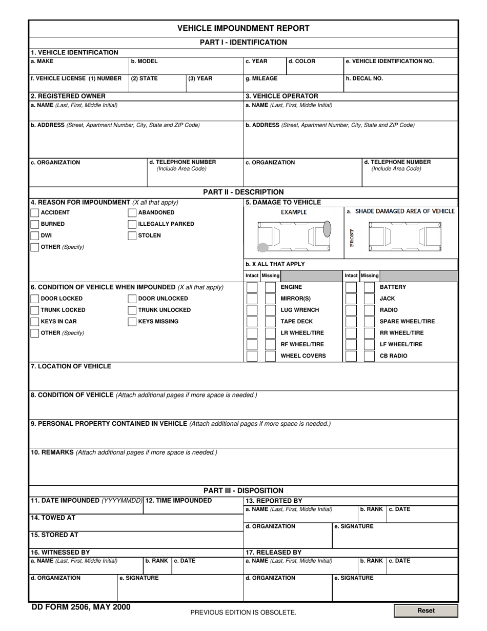 DD Form 2506 Vehicle Impoundment Report, Page 1