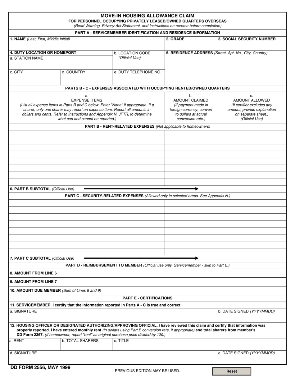DD Form 2556 Move-In Housing Allowance Claim, Page 1