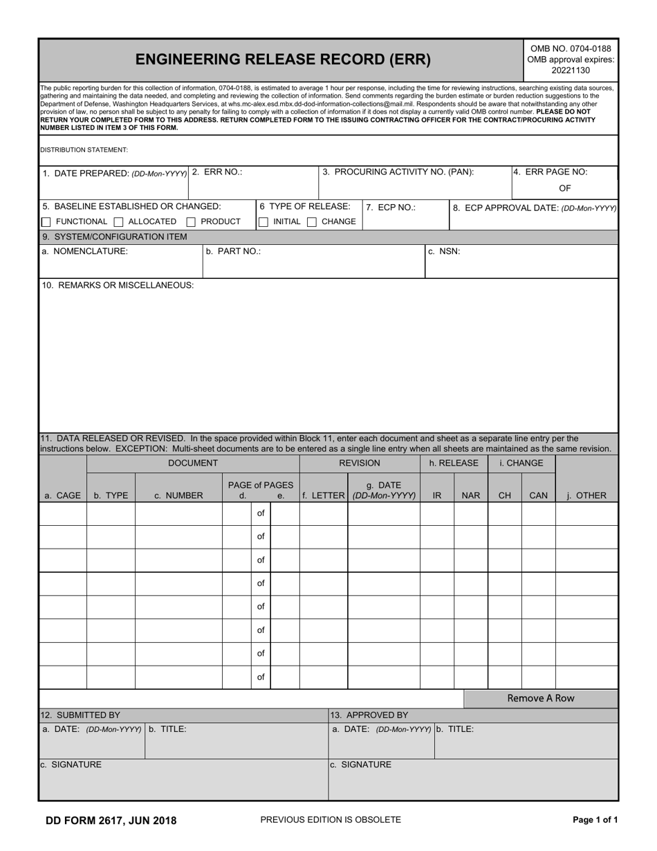 DD Form 2617 Engineering Release Record (Err), Page 1