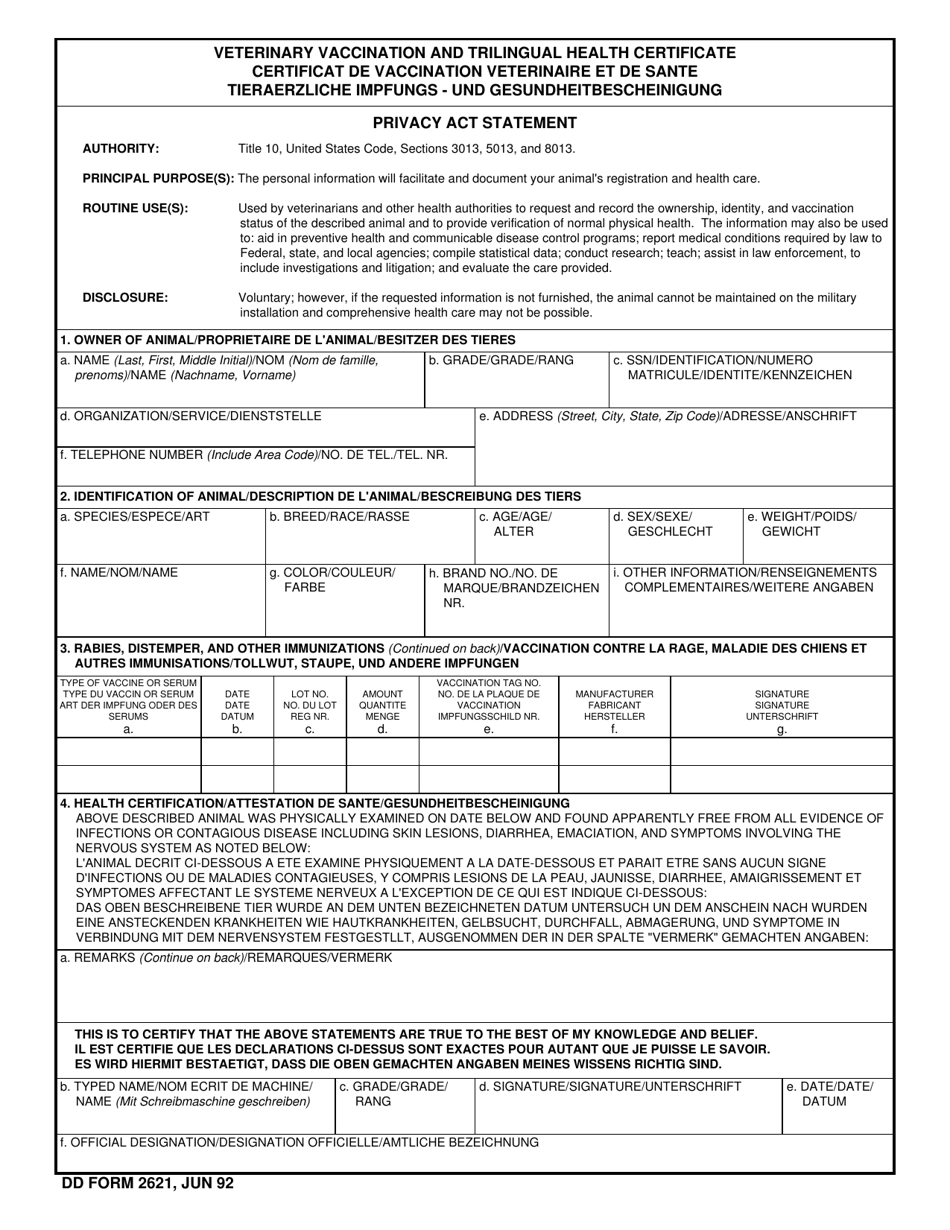 DD Form 2621 Veterinary Vaccination and Trilingual Health Certificate (English / French / German), Page 1