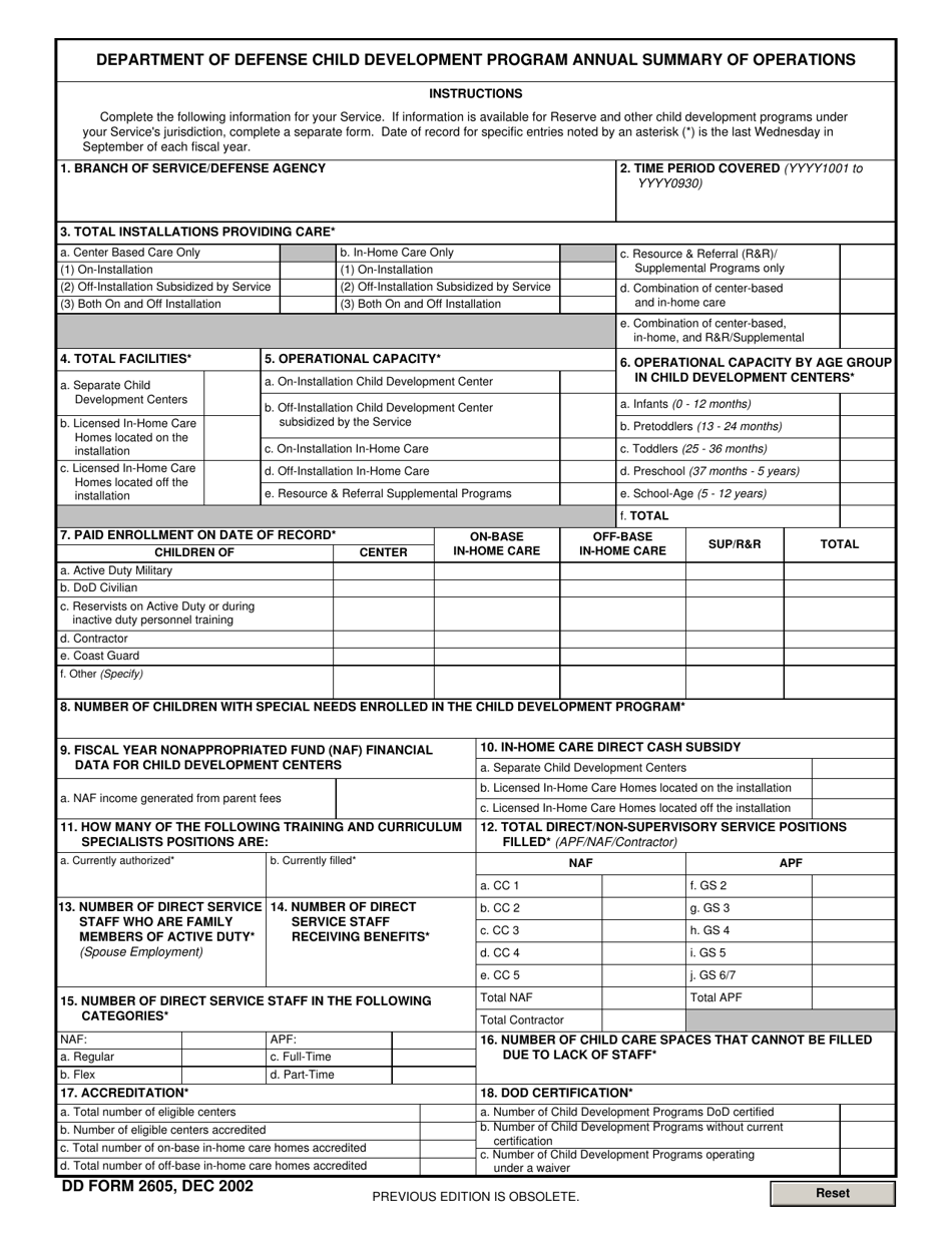 DD Form 2605 Department of Defense Child Development Program Annual Summary of Operations, Page 1