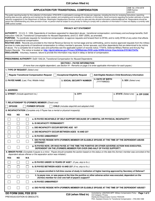 DD Form 2698 Application for Transitional Compensation