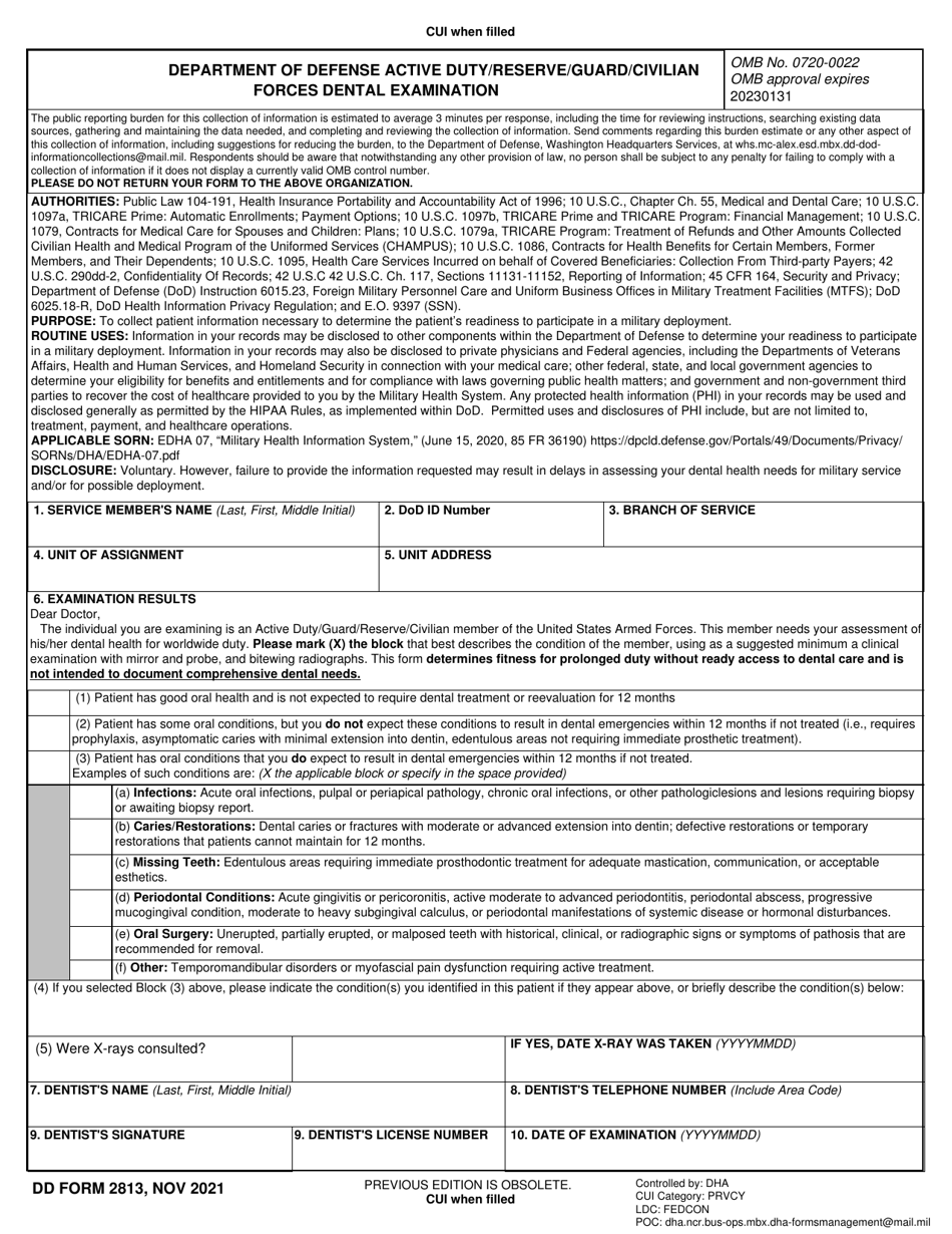 DD Form 2813 Department of Defense Active Duty/Reserve/Guard/Civilian Forces Dental Examination, Page 1