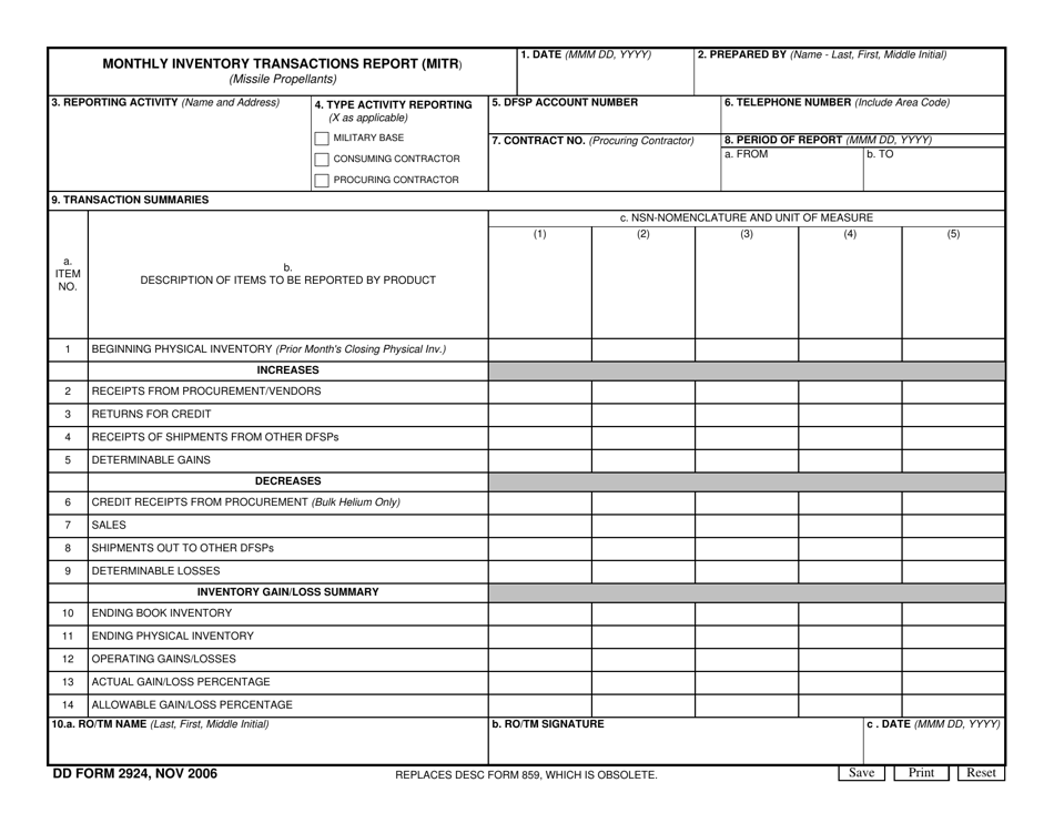 DD Form 2924 Monthly Inventory Transactions Report (Mitr) (Missile Propellants), Page 1