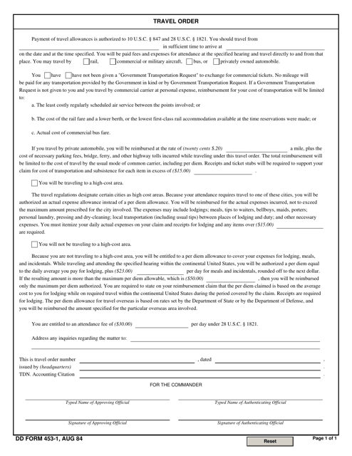 DD Form 453-1 Travel Order