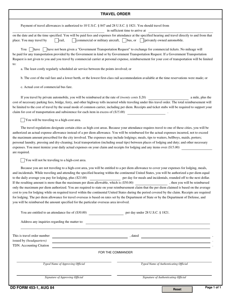 DD Form 453-1 Travel Order, Page 1