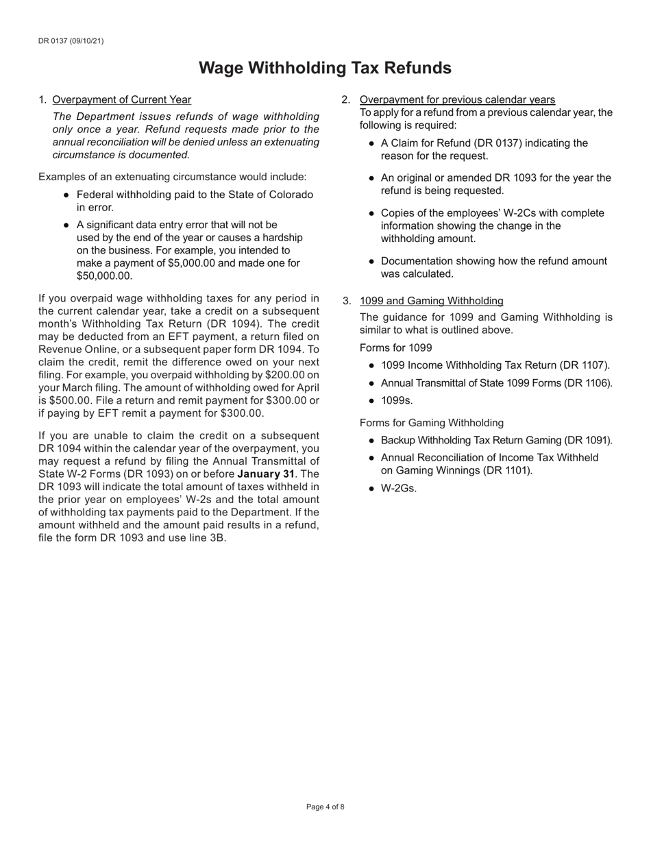 Form DR0137 Claim for Refund - Colorado, Page 4