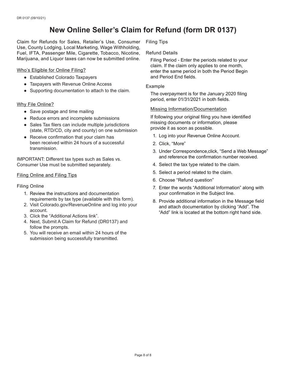Form DR0137 Claim for Refund - Colorado, Page 8