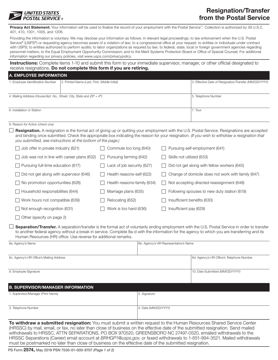 PS Form 2574 Resignation / Transfer From the Postal Service, Page 1