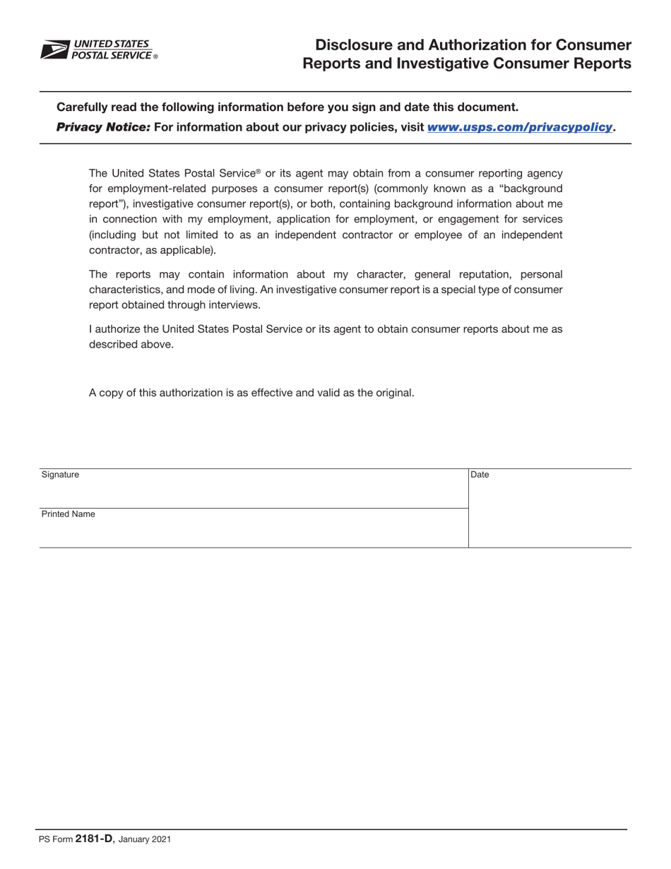 PS Form 2181-D Disclosure and Authorization for Consumer Reports and Investigative Consumer Reports, Page 1