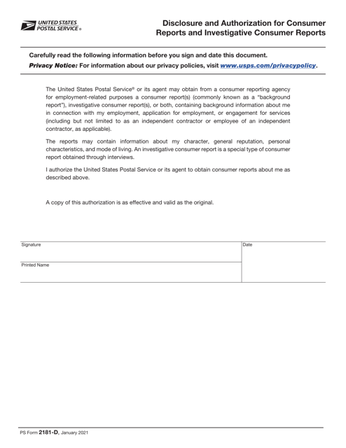 PS Form 2181-D Disclosure and Authorization for Consumer Reports and Investigative Consumer Reports