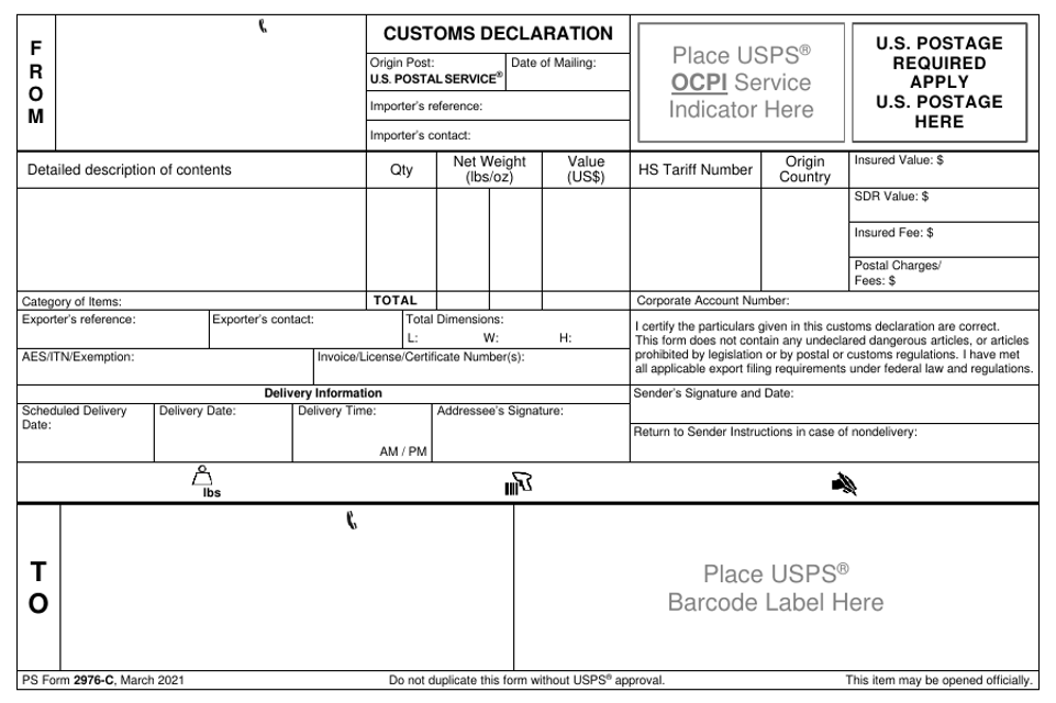 PS Form 2976-C Customs Declaration