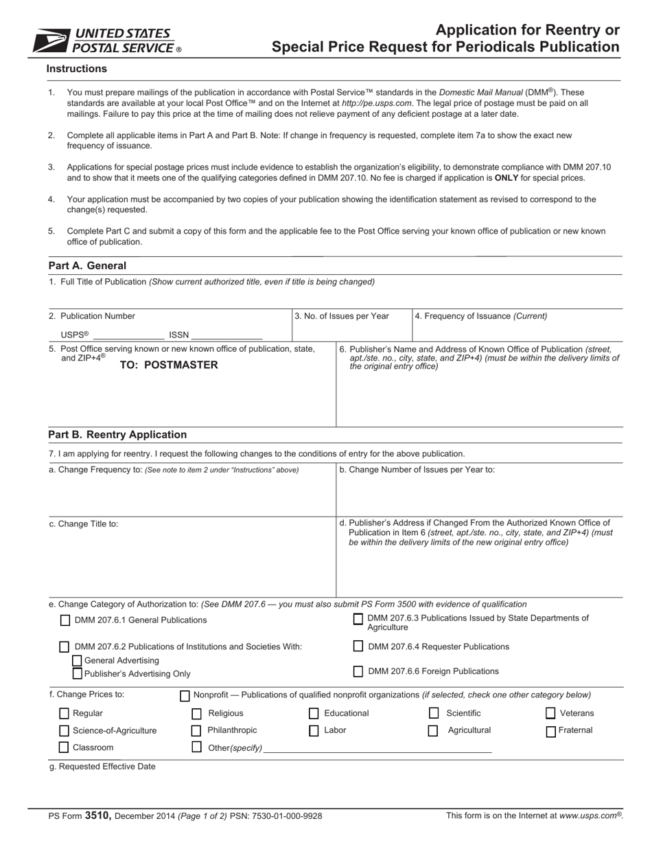 PS Form 3510 Application for Reentry or Special Price Request for Periodicals Publication, Page 1