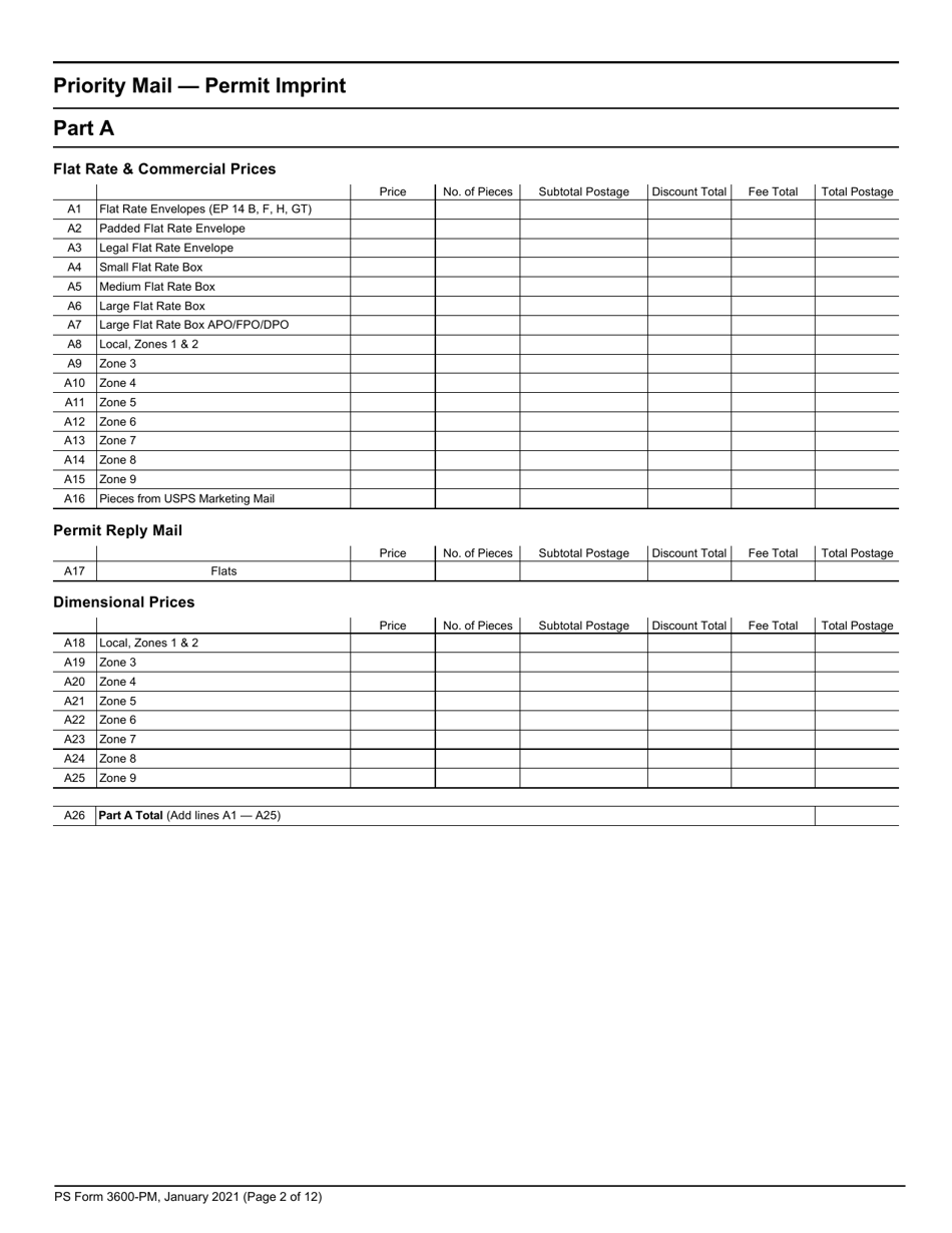 PS Form 3600-PM Postage Statement - Priority Mail - Permit Imprint, Page 2