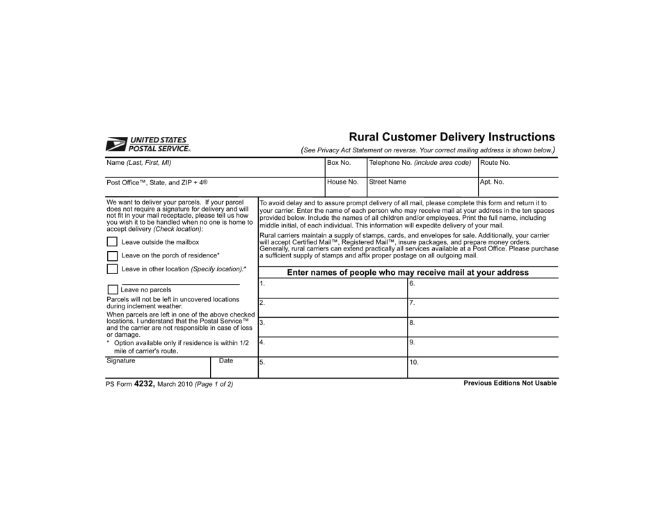 PS Form 4232 Rural Customer Delivery Instructions, Page 1