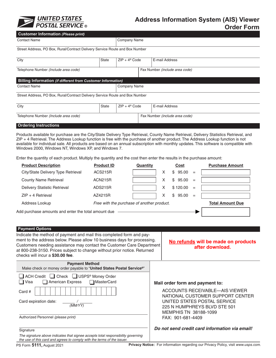 PS Form 5111 Download Printable PDF or Fill Online Address Information  System (Ais) Viewer Order Form | Templateroller