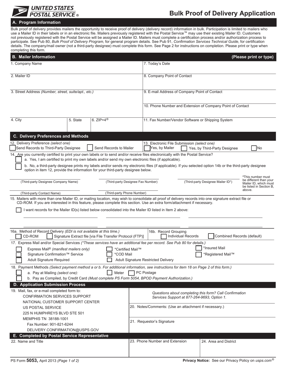 PS Form 5053 Bulk Proof of Delivery Application, Page 1