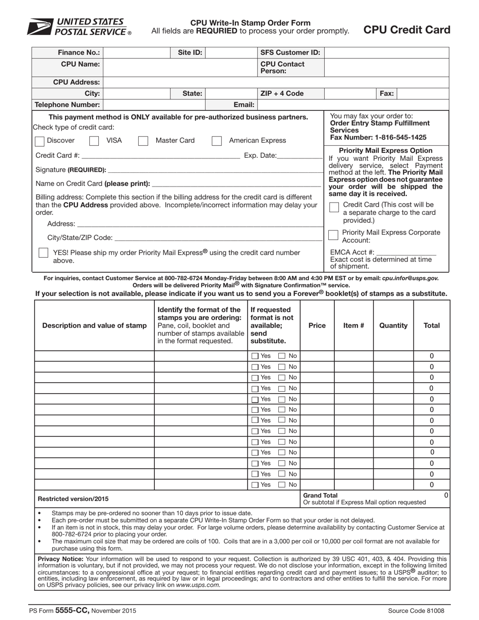 PS Form 5555-CC Cpu Write-In Stamp Order Form, Page 1