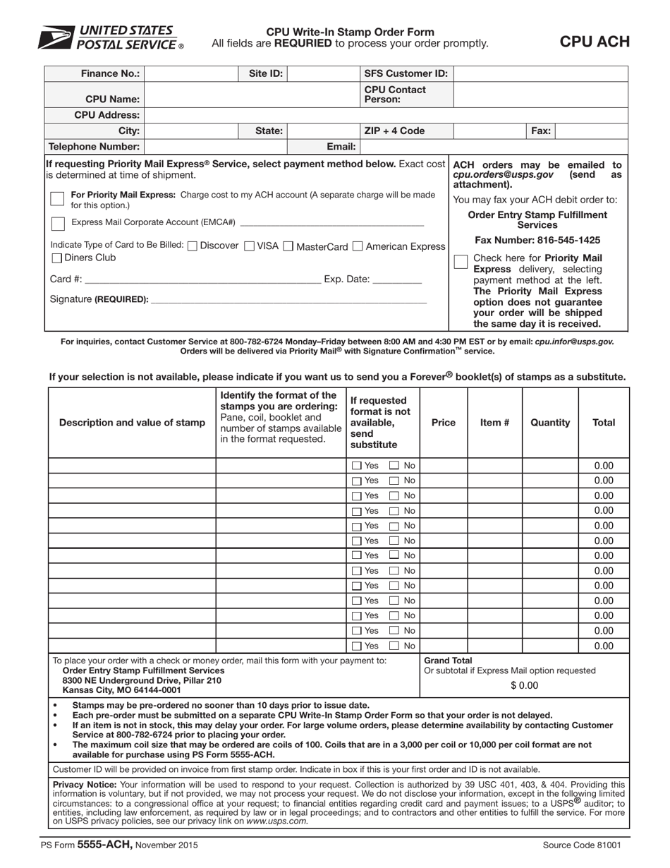 PS Form 5555-ACH Cpu (ACH) Write-In Stamp Order Form, Page 1